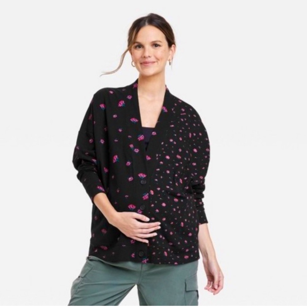 Maternity The Nines by HATCH Black and Pink Floral Cardigan Sweater